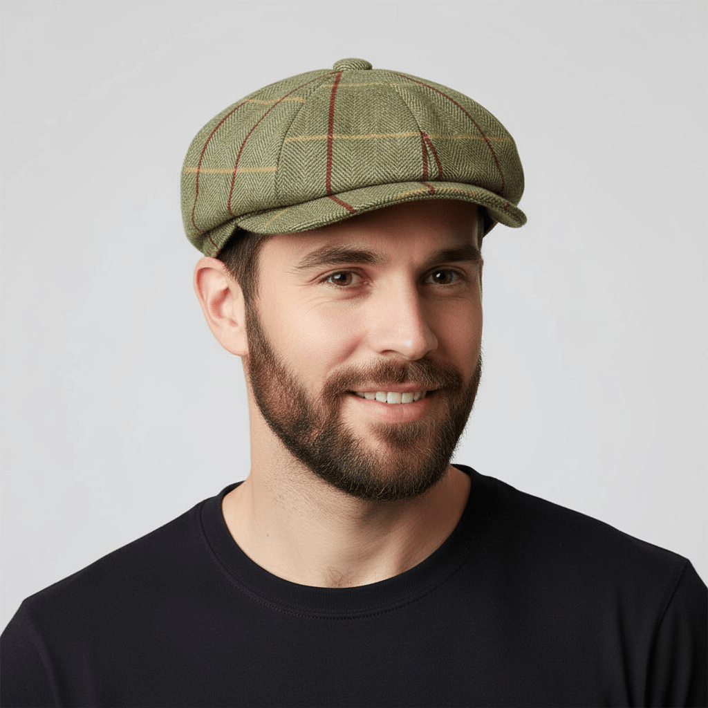 Wool Tweed Newsboy Cap with Green and Red Stripe, crafted from 40% wool and 60% polyester. Features include fabric protection from rain and stains, a quilted polyester lining, and a classic newsboy shape. Available in sizes S-XL. Enjoy style and durability.