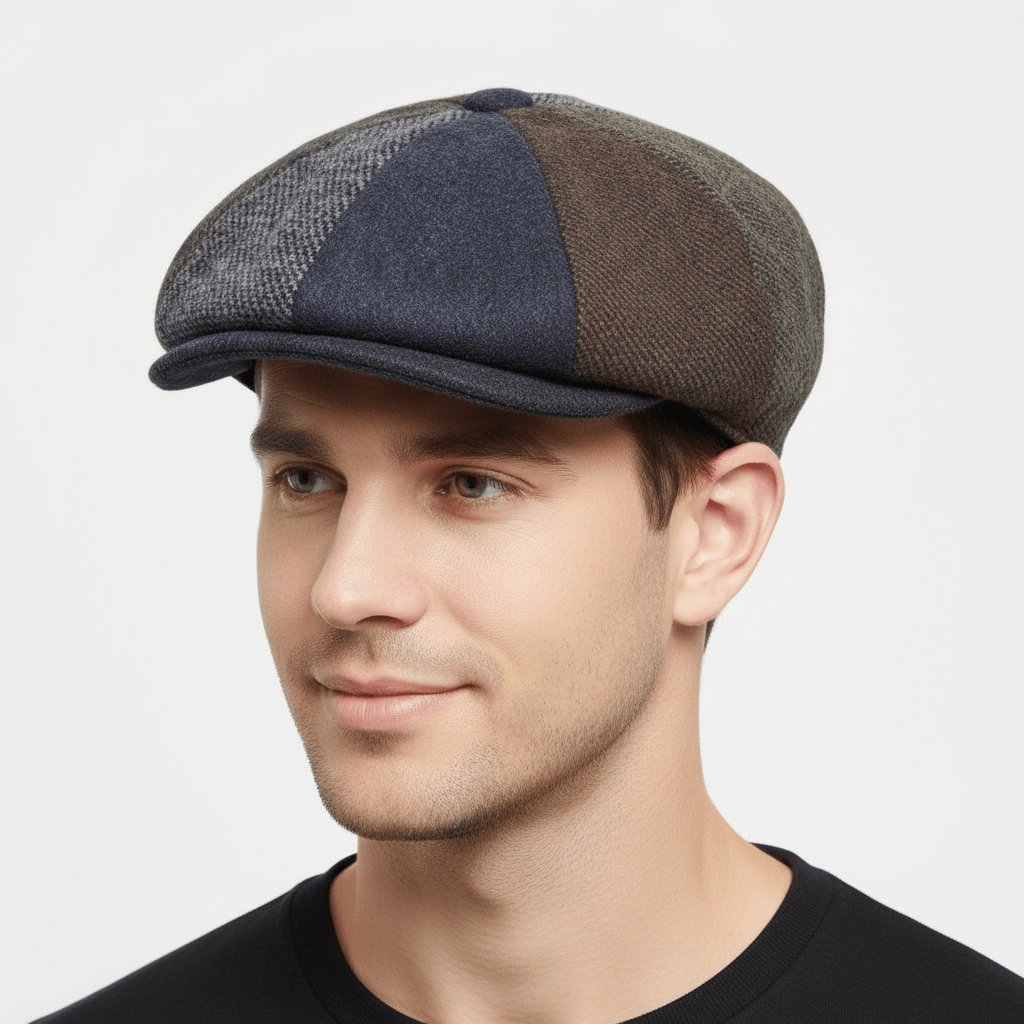Patch Herringbone Elastic Newsboy Cap in Dark Grey, crafted from 40% wool and 60% polyester. Features include a quilted polyester lining and two clips on the visor. Available in sizes S-XL. Enjoy style and durability.