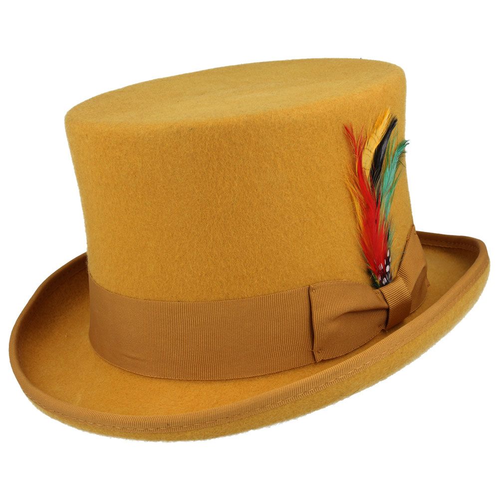 Wool Felt Top Hat - Handcrafted The Wool Felt Top Hat is a handcrafted classic made from 100% wool felt. It features a 5 2/5" high crown, a 2 2/6" wide curved brim, satin lining, and a leather sweatband. The grosgrain hat band and removable feather add a touch of elegance. Hat Details: Hand Made Made of 100% Wool Felt