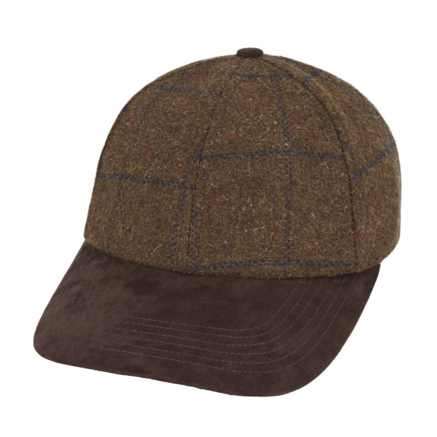 Front view of checked tweed baseball cap with brown suede peak by Novella Hats