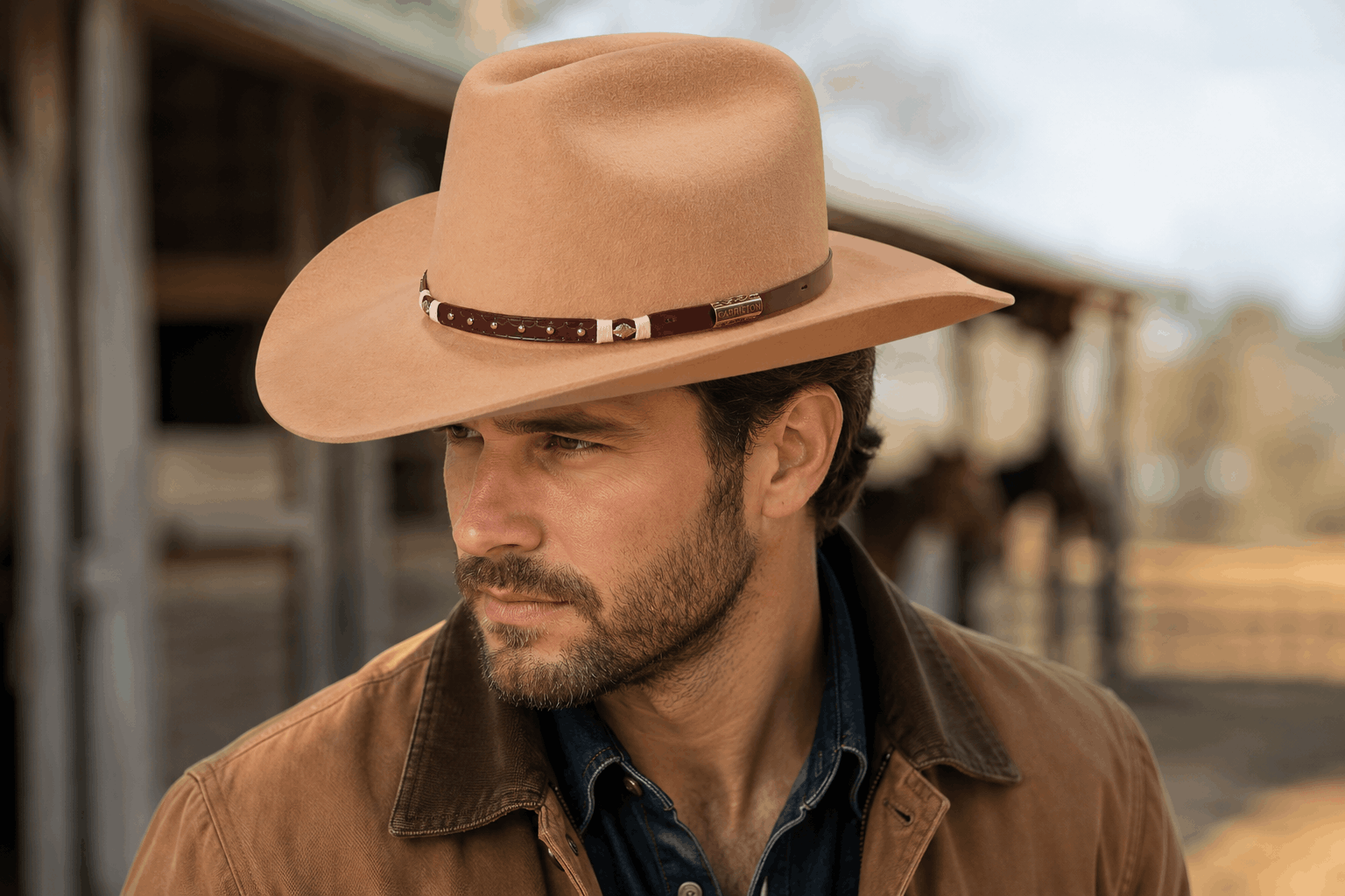 Wool Western Cattleman Cowboy Hat with Cognac Studded Leather Hatband
