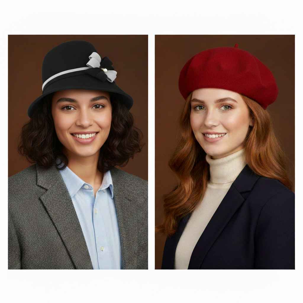 Cloche hat and wool beret bundle front view by Novella Hats