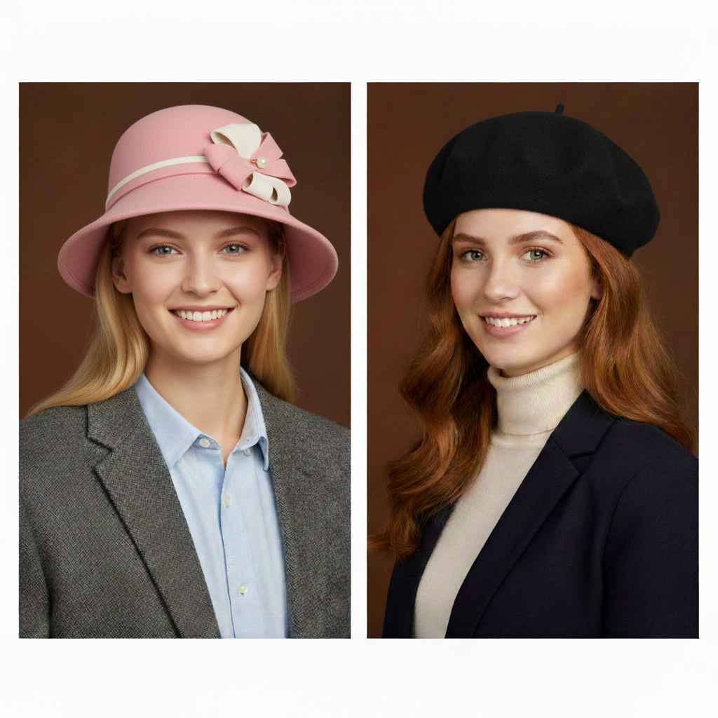 Cloche hat and wool beret bundle front view by Novella Hats