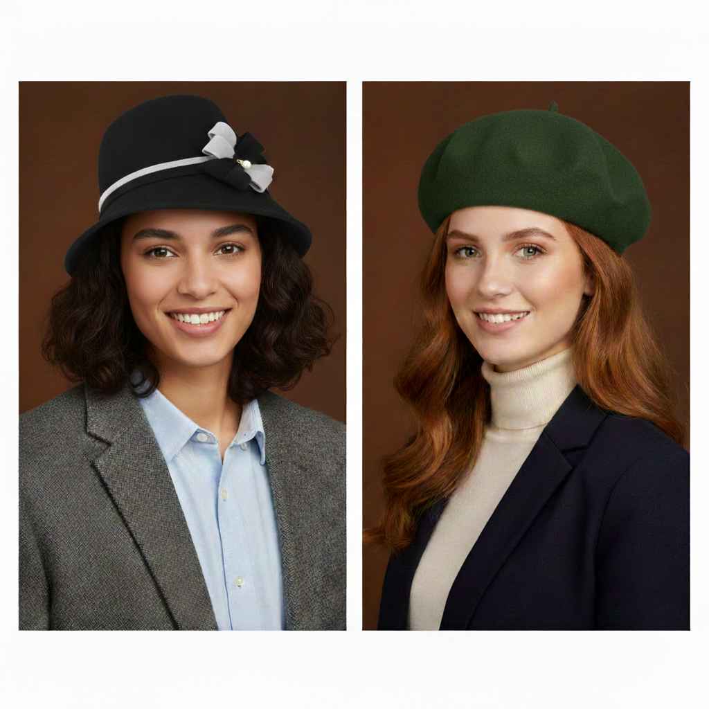 Cloche hat and wool beret bundle front view by Novella Hats