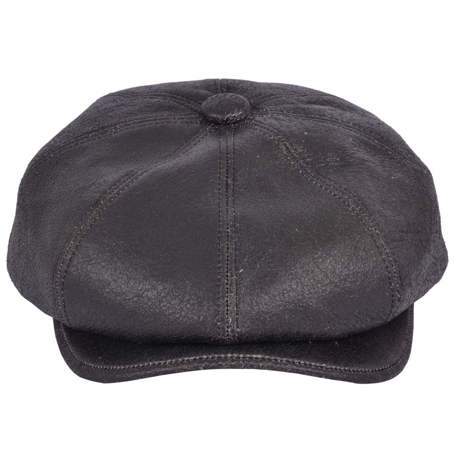 Sheep Skin Newsboy Leather Cap in Brown, crafted from 100% sheepskin leather for a vintage look. Features include a stitched-down brim, cotton lining, and an eight-panel design with a buttoned top. Available in sizes S-XL. Handcrafted with genuine leather for timeless style. Also known as a cabbie hat.