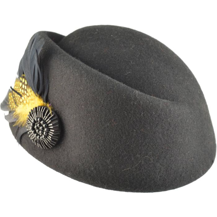 Front view of women’s black wool vintage cloche hat by Novella Hats