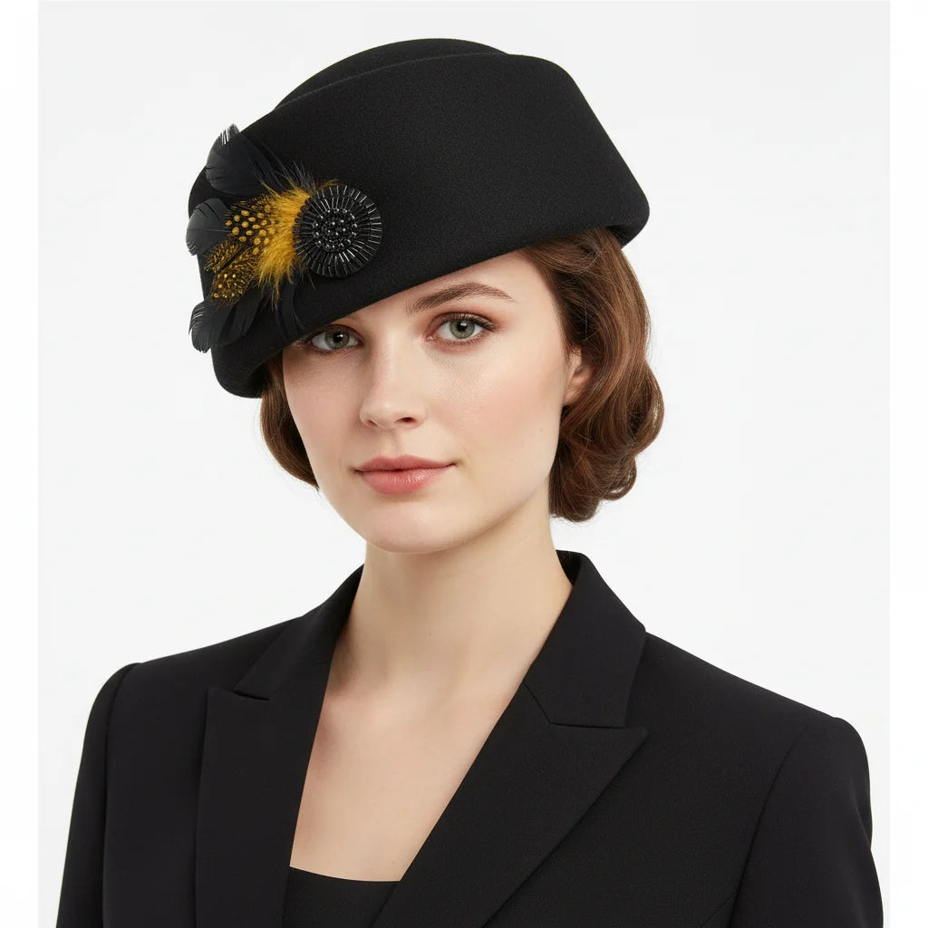 Front view of women’s black wool vintage cloche hat by Novella Hats