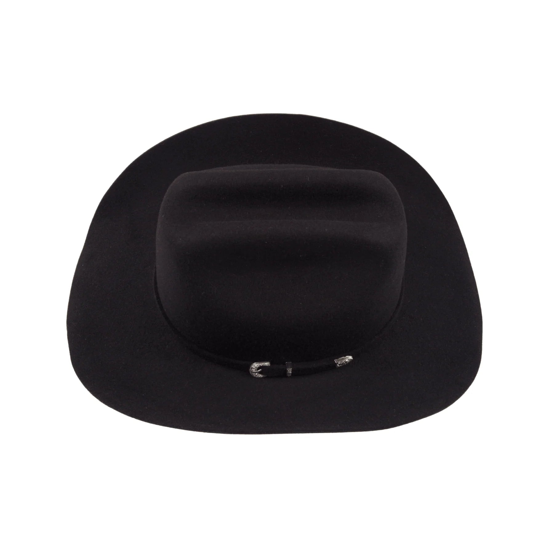 Wool felt cattleman cowboy hat with black Western buckle hatband and curved brim