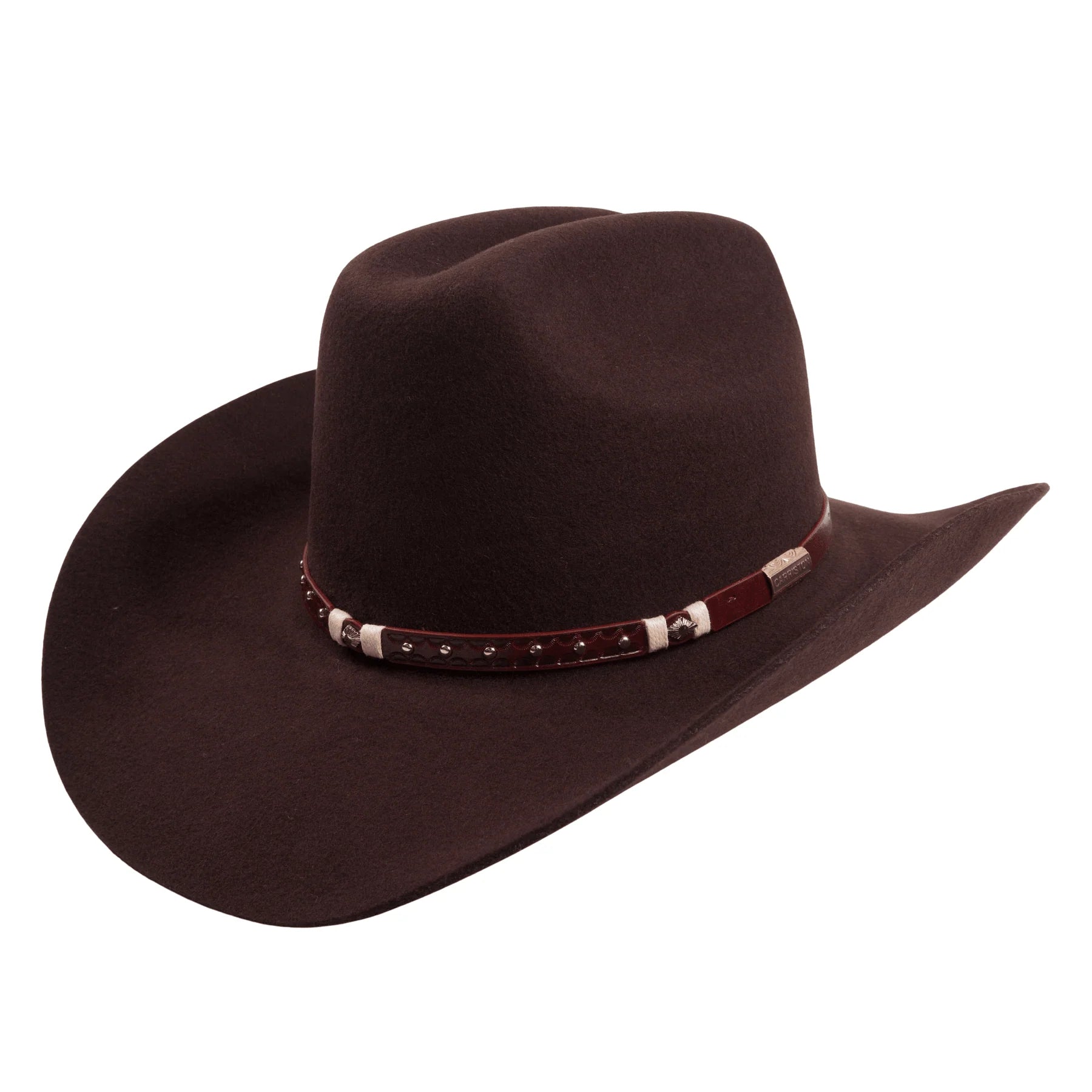 **Alt Text:**
Wool western cattleman cowboy hat with cognac studded leather hatband in classic Western style