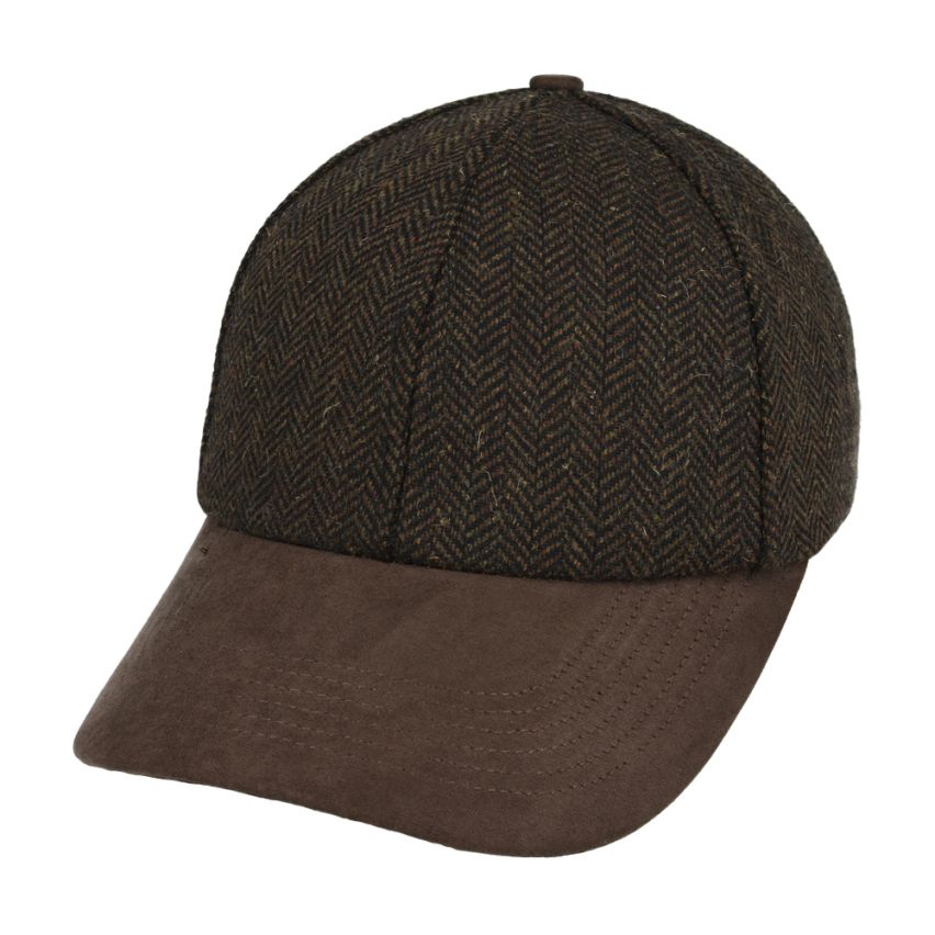 Front view of tweed baseball cap with suede peak by Novella Hats