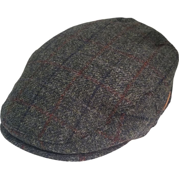 Front view of olive checked wool flat cap by Novella Hats
