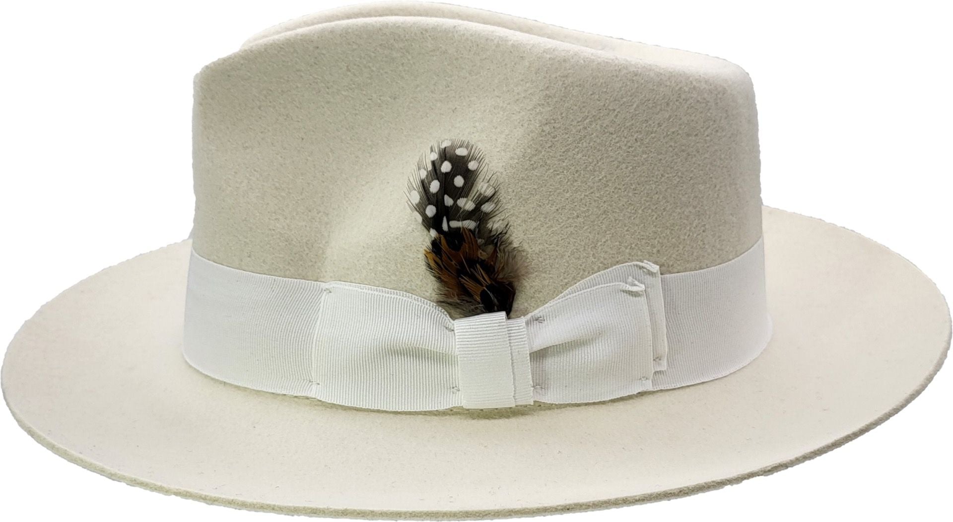 Handcrafted stiff brim fedora in 100% premium wool felt. Features elegant grosgrain ribbon band, satin lining, and signature feather detail. Available in Classic White or Black, sizes 55-60cm. Each hat combines traditional fedora styling with superior construction for timeless sophistication.
