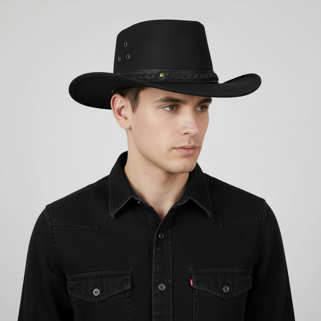 The Aussie Bush Style Western Outback Hat from Gladwin Bond is a waterproof cowboy hat made from 100% British waxed cotton. It features a shapeable 7.5cm curved brim, a 10cm high crown, and a functional chin strap. This black cowboy (cowgirl) hat offers UPF 40+ protection and side eyelets for maximum aeration