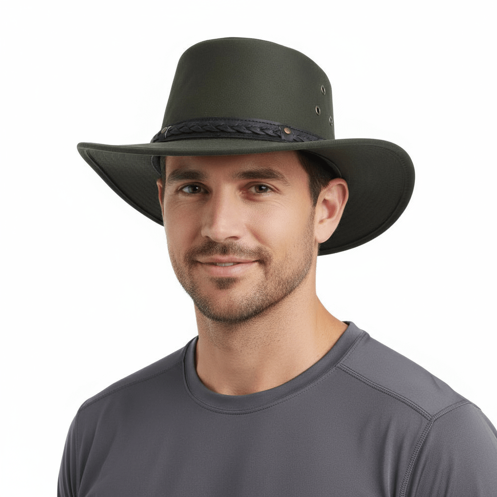 The Aussie Bush Style Western Outback Hat from Gladwin Bond is a waterproof cowboy hat made from 100% British waxed cotton.