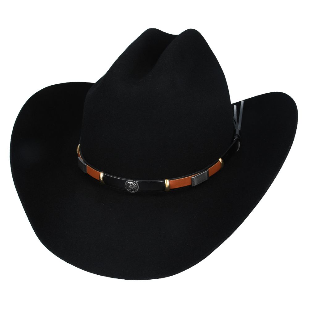 The Cattleman Western American Cowboy Hat is a timeless piece that perfectly blends style and functionality. Crafted from 100% wool felt, this hat features a black and brown leather concho band, adding a touch of elegance to its rugged design.

Hat Details:

Material: 100% Wool Felt
Style: Stiff Wide Brim (approximately 8cm)
Crown: Centre Dent Crown (approximately 11cm)
Sweatband: Comfortable Cotton
Unlined
Colour: Sand, Black &amp; Brown
Handmade