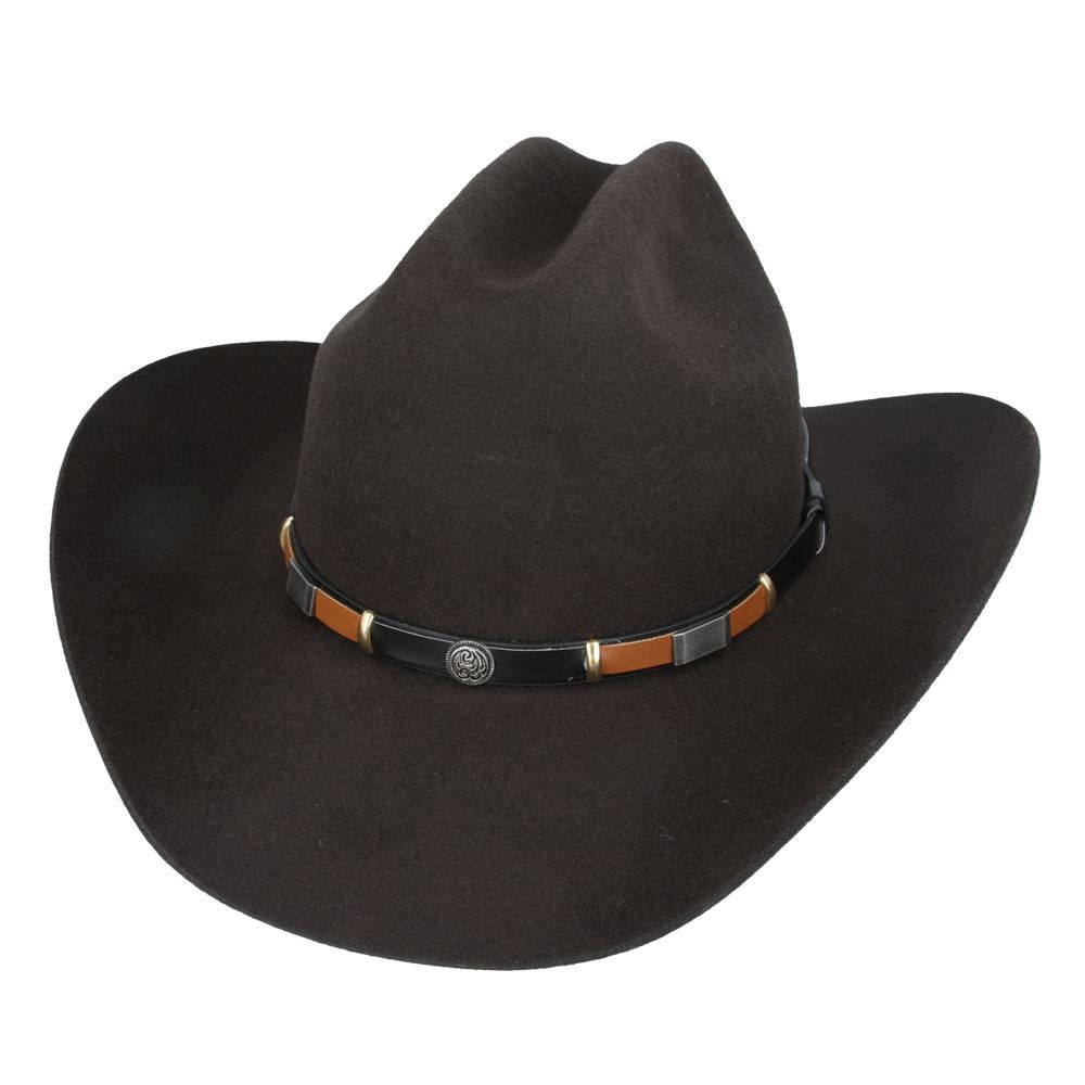 The Cattleman Western American Cowboy Hat is a timeless piece that perfectly blends style and functionality. Crafted from 100% wool felt, this hat features a black and brown leather concho band, adding a touch of elegance to its rugged design.

Hat Details:

Material: 100% Wool Felt
Style: Stiff Wide Brim (approximately 8cm)
Crown: Centre Dent Crown (approximately 11cm)
Sweatband: Comfortable Cotton
Unlined
Colour: Sand, Black &amp; Brown
Handmade