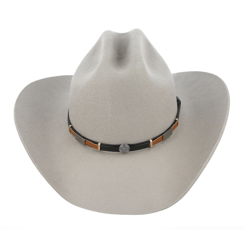 The Cattleman Western American Cowboy Hat is a timeless piece that perfectly blends style and functionality. Crafted from 100% wool felt, this hat features a black and brown leather concho band, adding a touch of elegance to its rugged design.

Hat Details:

Material: 100% Wool Felt
Style: Stiff Wide Brim (approximately 8cm)
Crown: Centre Dent Crown (approximately 11cm)
Sweatband: Comfortable Cotton
Unlined
Colour: Sand, Black &amp; Brown
Handmade