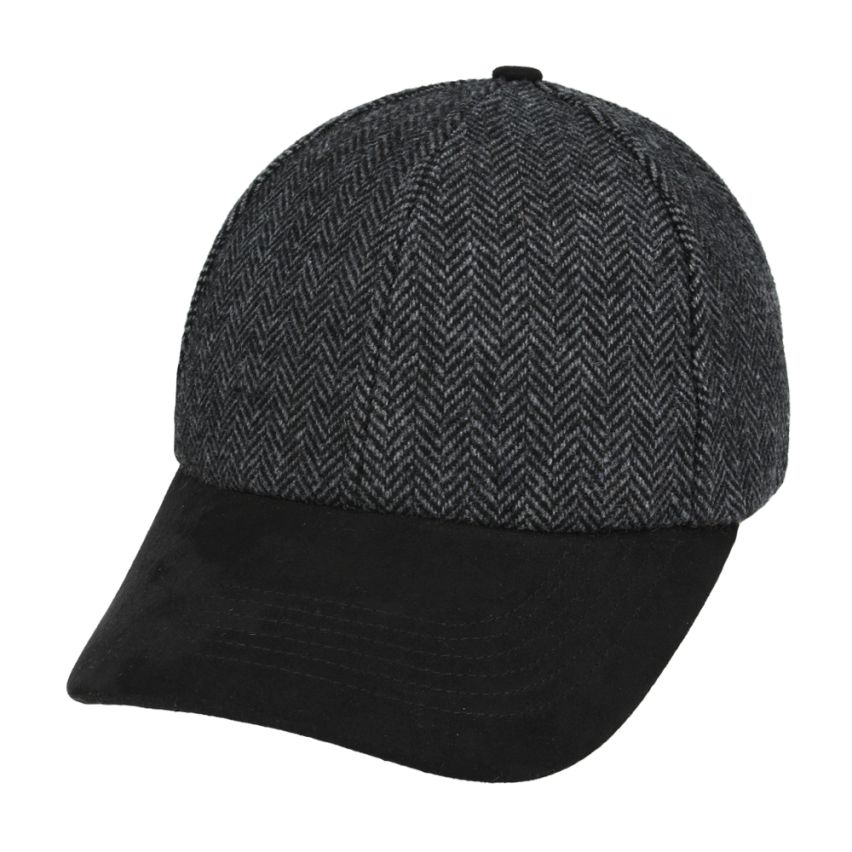 Front view of tweed baseball cap with suede peak by Novella Hats