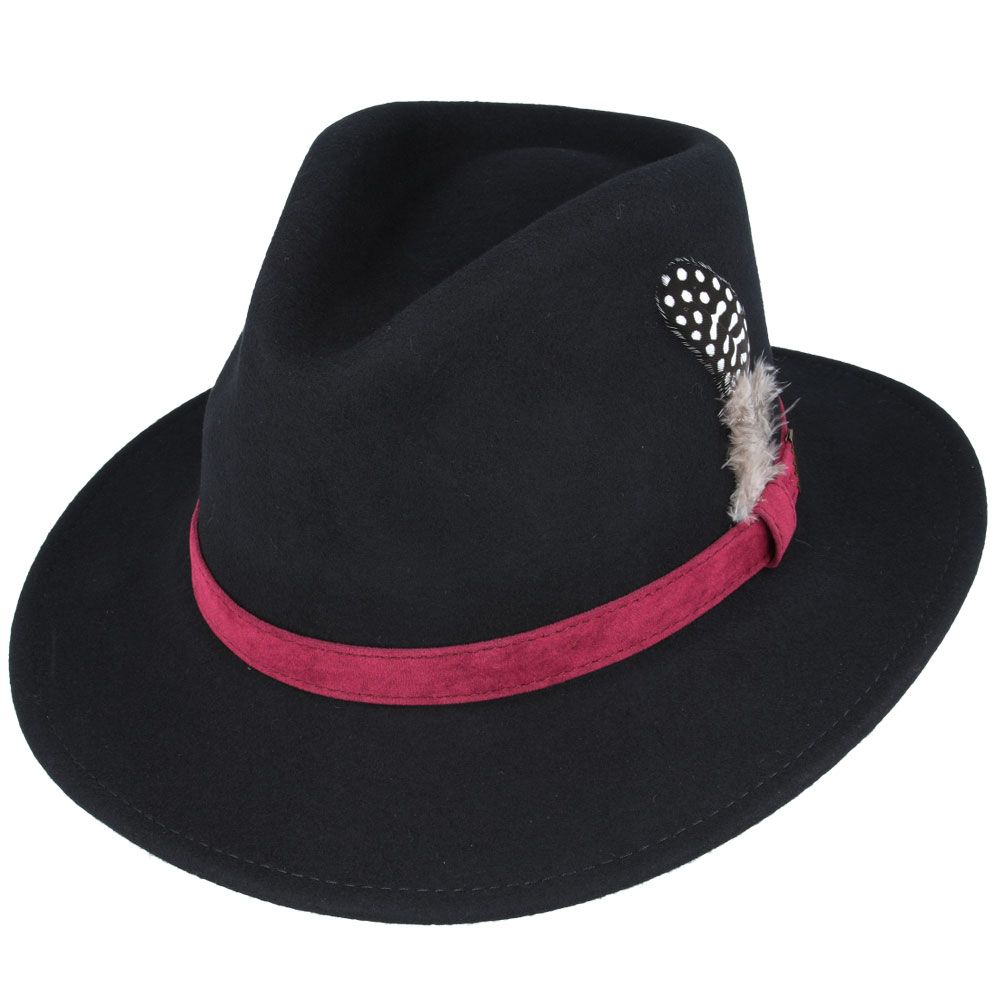 Crushable Wool Felt Fedora Hat with Feather Pin