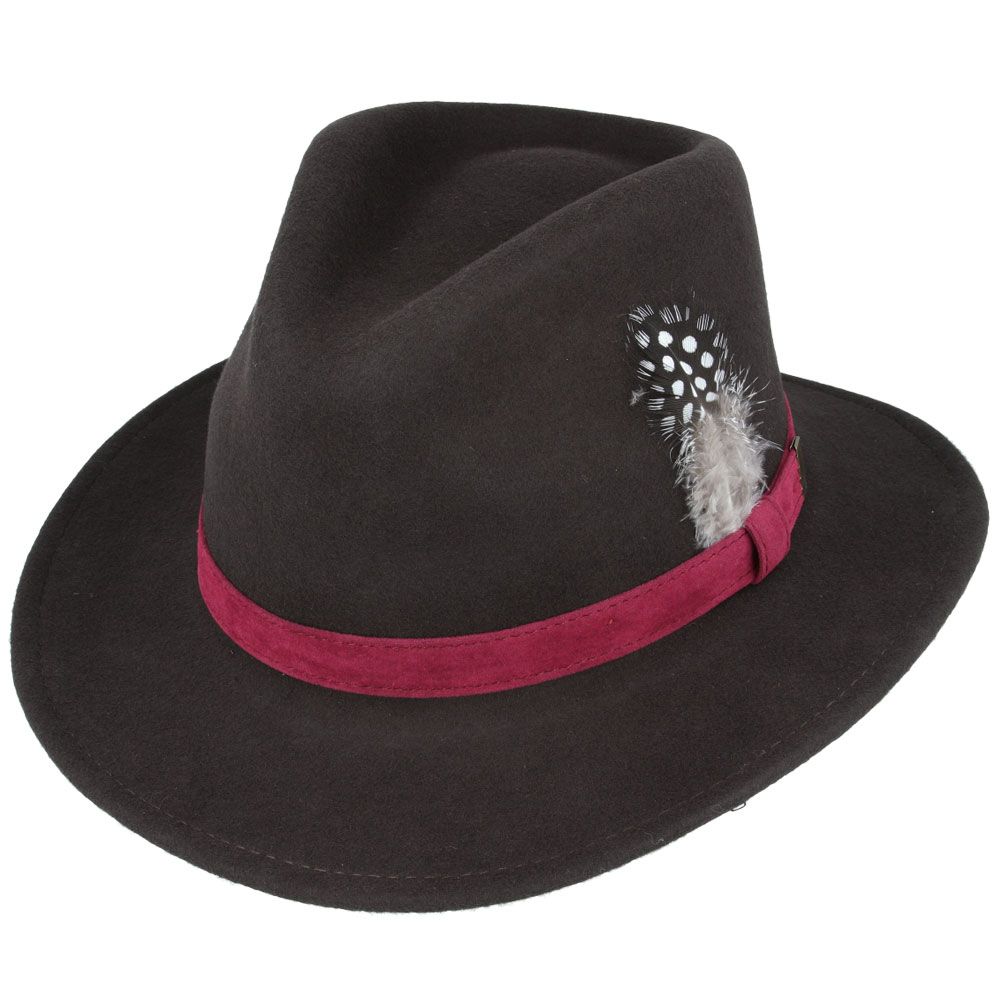 Crushable Wool Felt Fedora Hat with Feather Pin