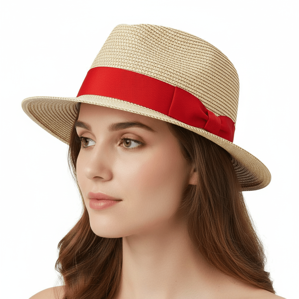 Straw Fedora Hat with Red Band. Lightweight and perfect for sun protection. Made of 100% paper with an adjustable string, grosgrain sweatband, and removable side feather. Packable and unlined