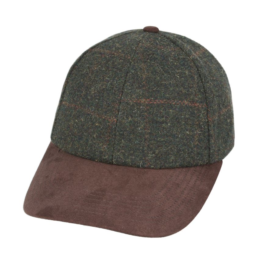 Checked Tweed Baseball Cap with Suede Peak-Brown