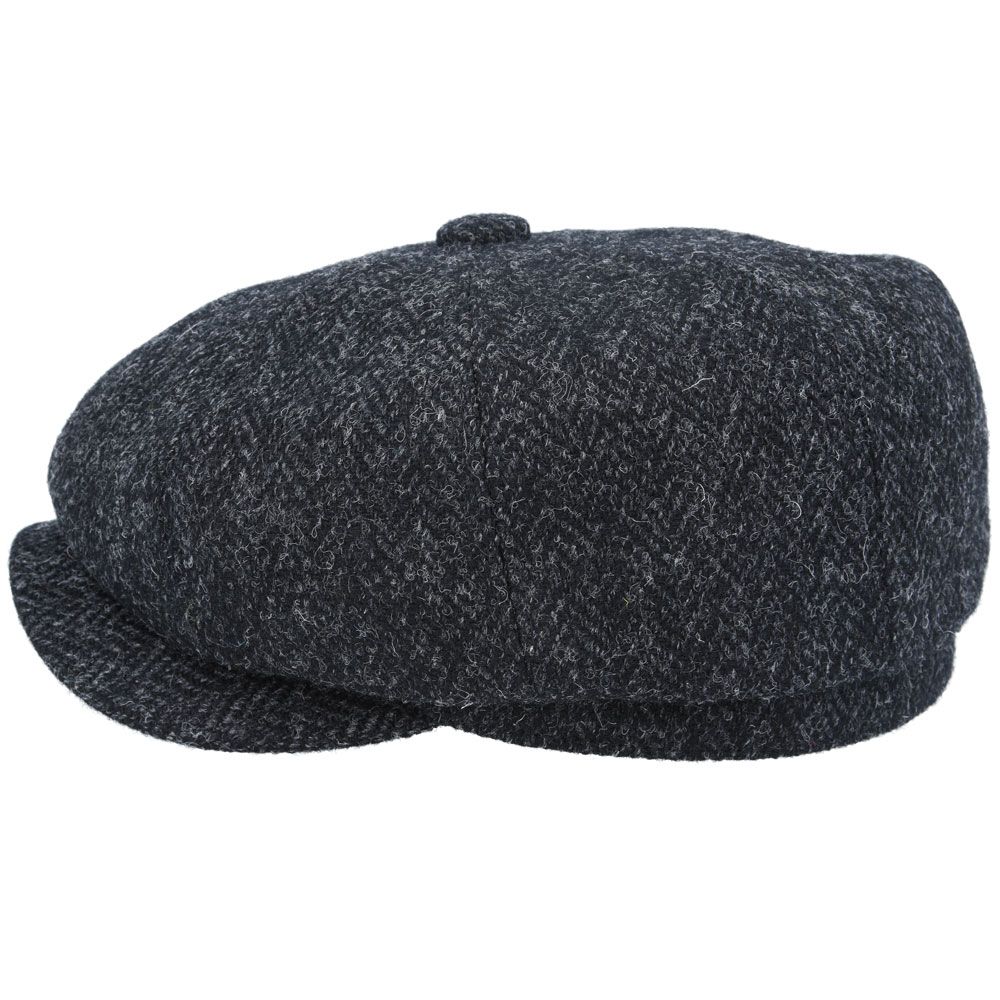 Herringbone Harris Tweed Wool Newsboy Cap - Black