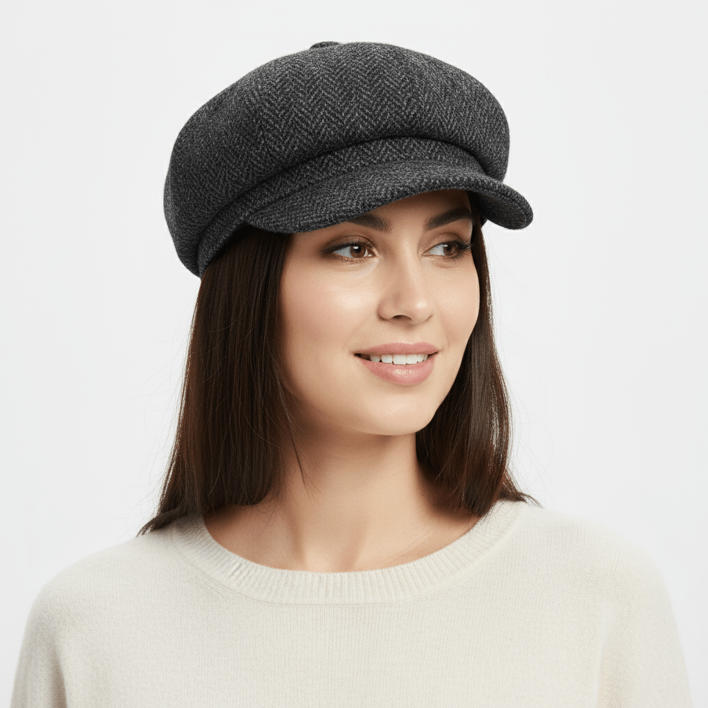 Herringbone Harris Tweed Wool Newsboy Cap - Black