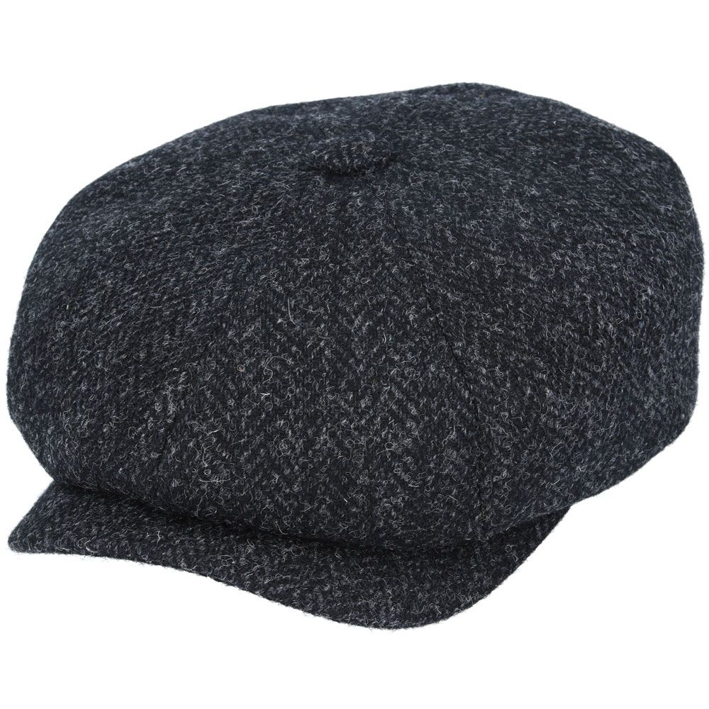 Herringbone Harris Tweed Wool Newsboy Cap - Black