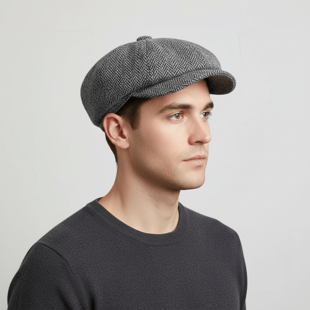 Herringbone Harris Tweed Wool Newsboy Cap - Grey