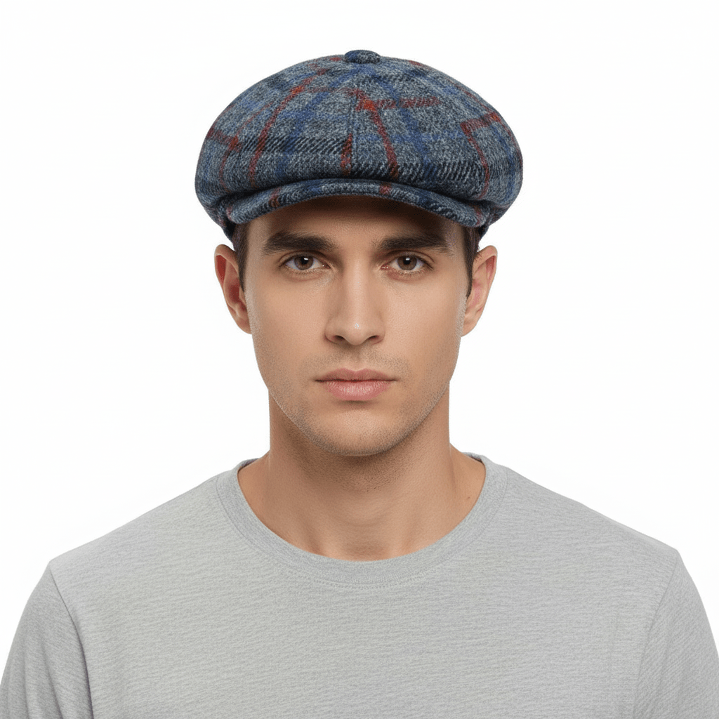 Inspired by the iconic Peaky Blinders style, this Mixed Grey Harris Tweed Newsboy Cap combines heritage craftsmanship with modern elegance, making it a perfect addition to any wardrobe.