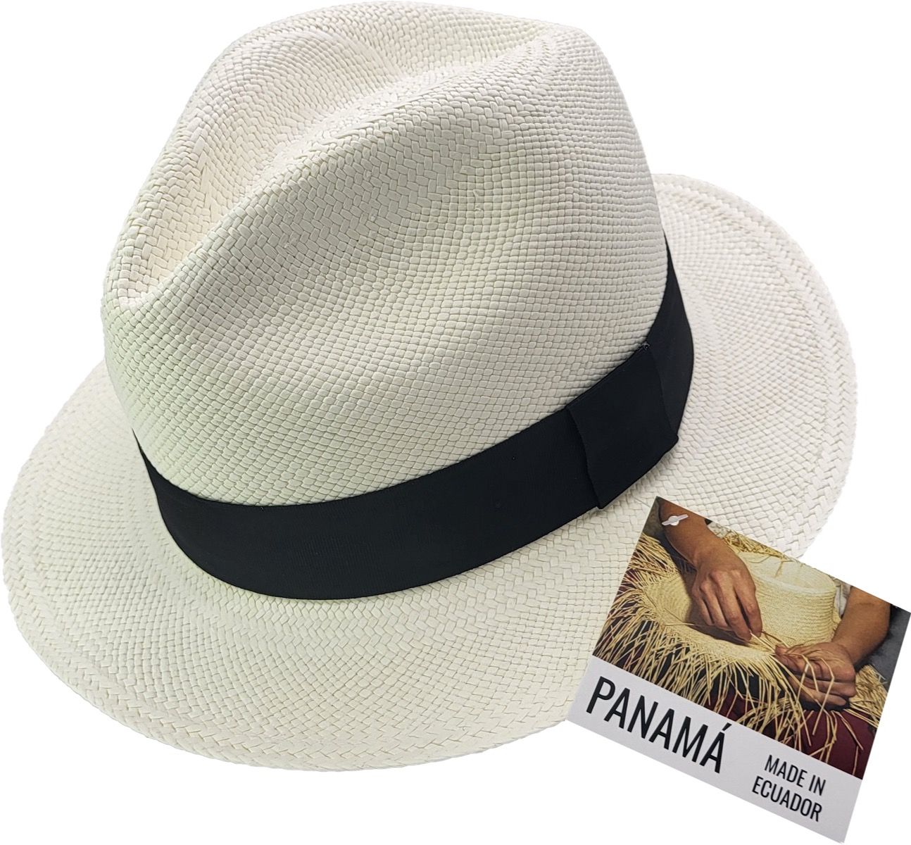 Genuine Ecuadorian Panama Fedora hat, handwoven from Paja Toquilla straw. Each hat features a black grosgrain ribbon and can be styled with a feather pin for added elegance. Available in sizes 55-60cm. Combines authentic craftsmanship with natural sun protection. A customizable summer classic.