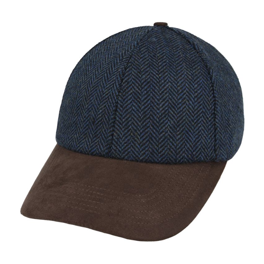 Front view of tweed baseball cap with suede peak by Novella Hats