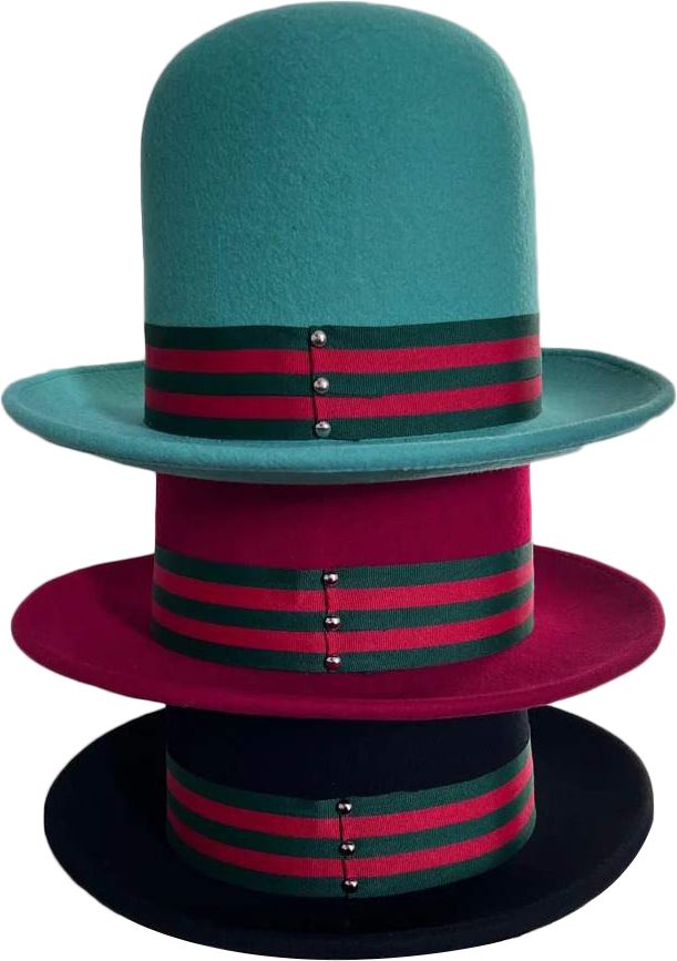 oversized tall hat handcrafted from 100% premium wool. Features an adjustable Velcro band for perfect fit and elegant ribbon bow detail. Available in Black, Teal, and Burgundy. Each hat combines distinctive odd-shaped crown with superior comfort and handmade quality.