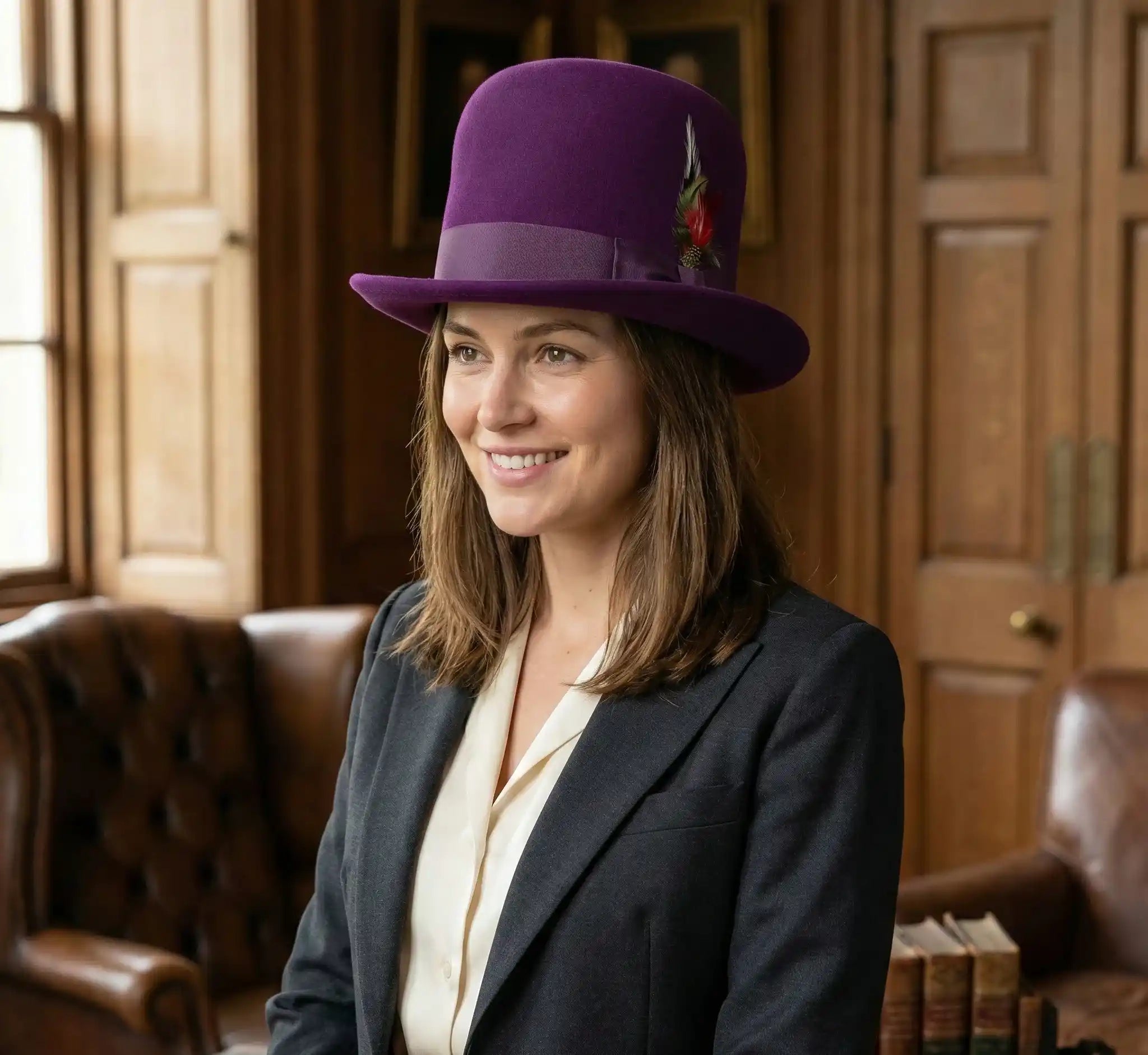 Model wearing oversized tall wool hat in purple
