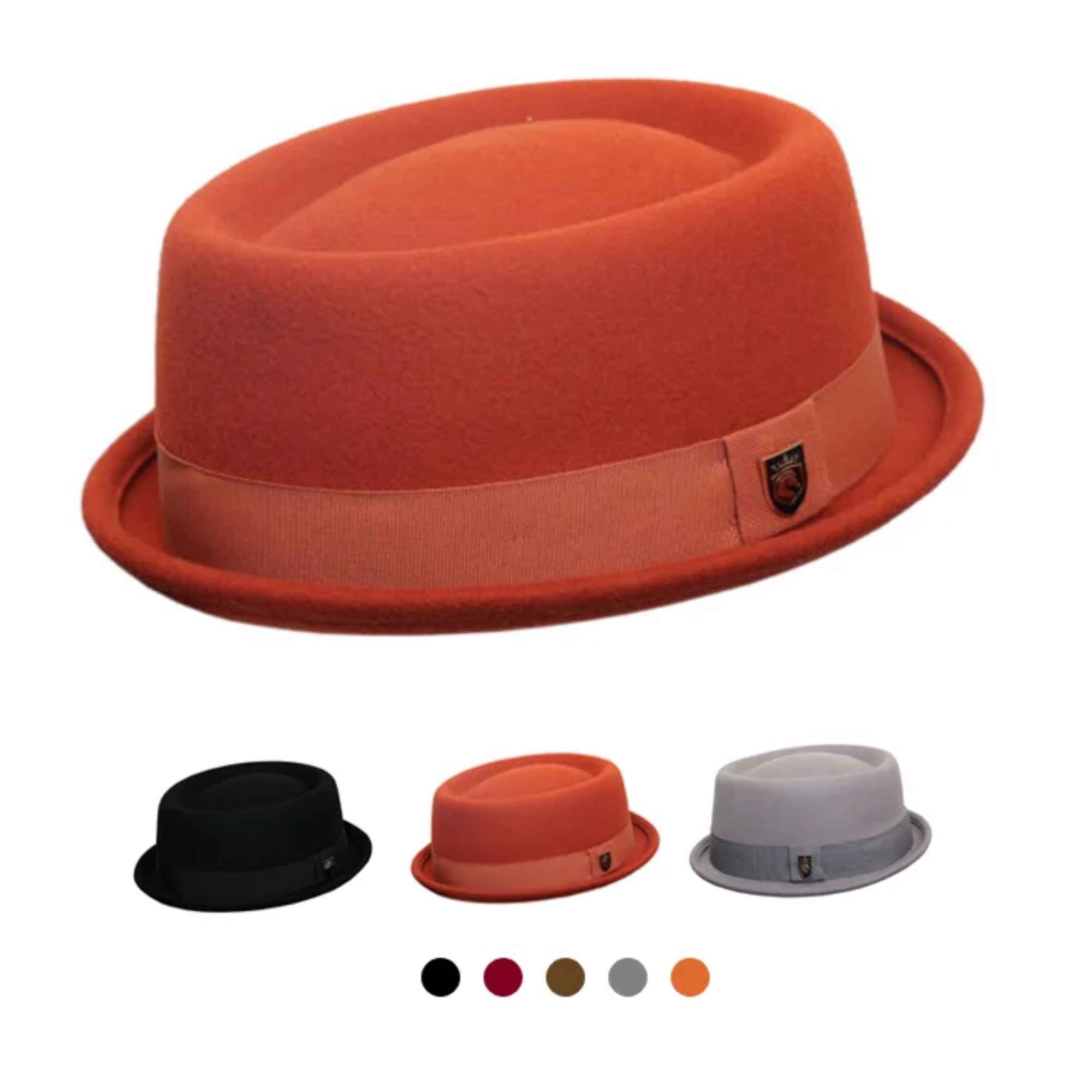 Front view of unisex wool pork pie hat with flat crown and ribbon band