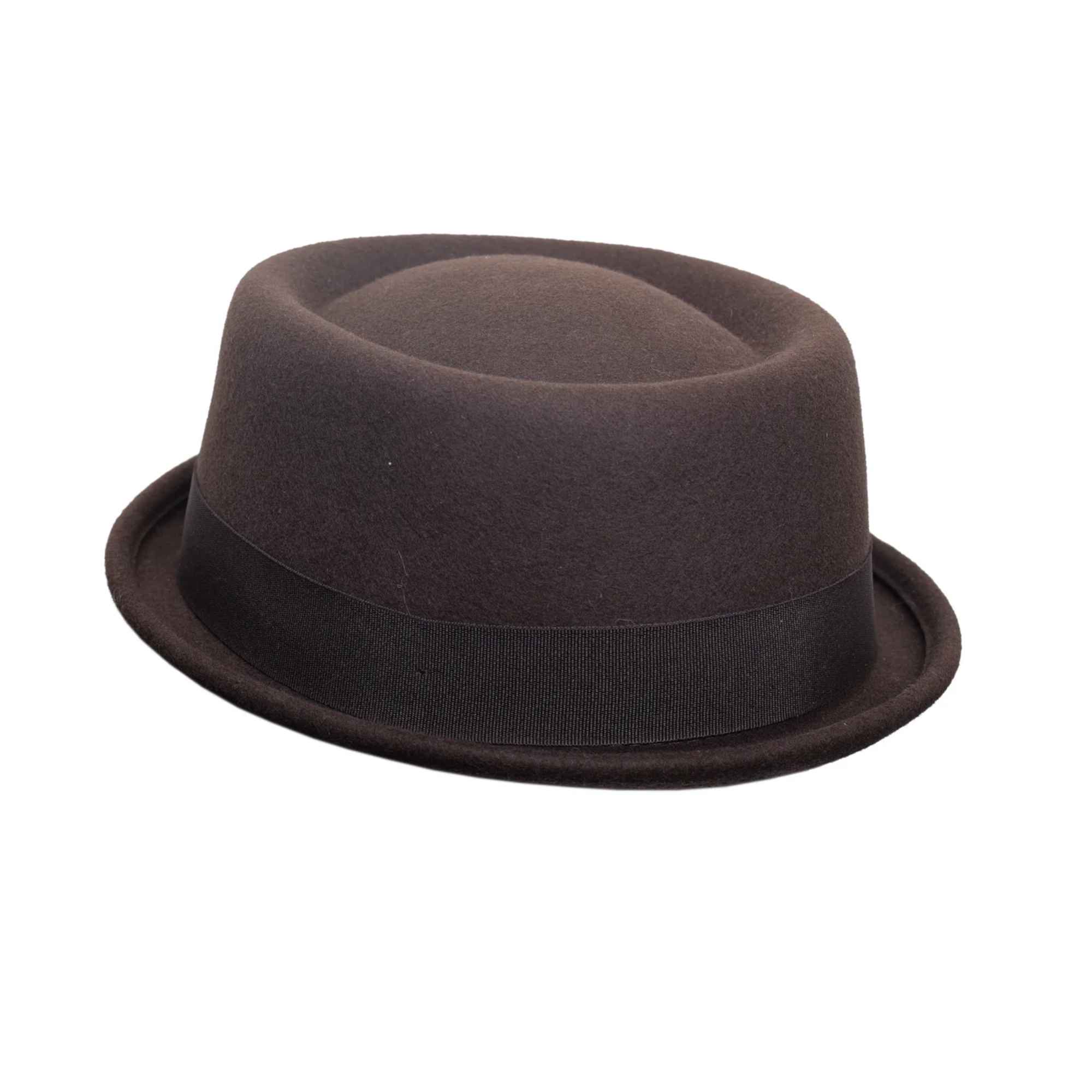 Front view of unisex wool pork pie hat with flat crown and ribbon band