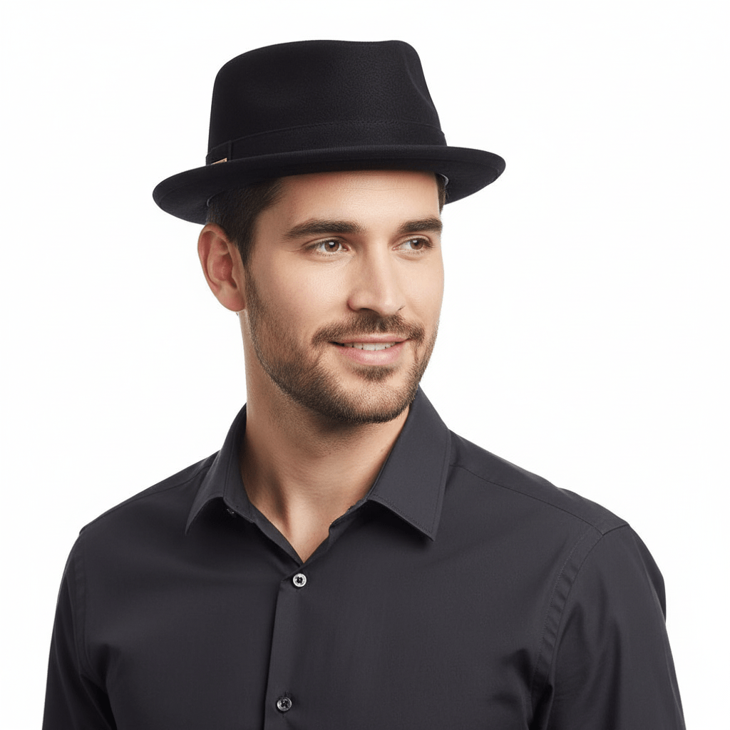 Black leather pork pie hat. Crafted from 100% sheepskin leather, this water-resistant hat features a high crown and wide brim, perfect for any occasion.