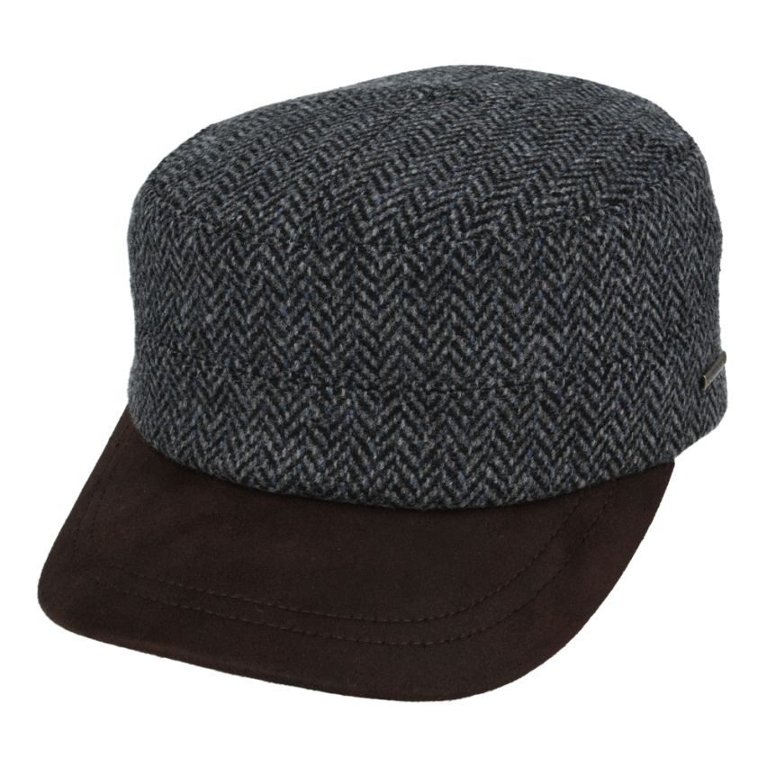 Army Cap in Herringbone Wool Blend with Buckle-Green