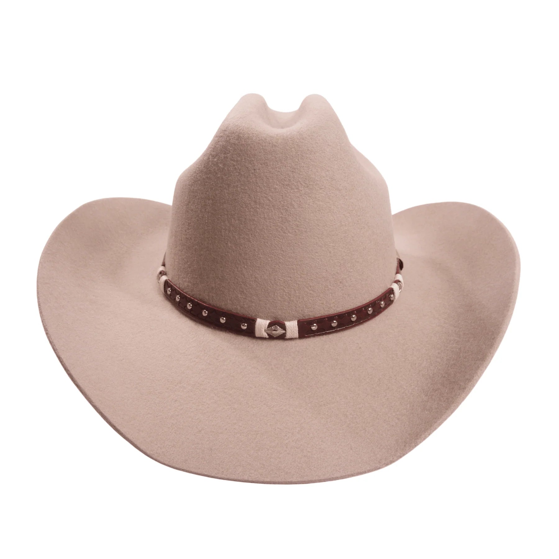 Wool western cattleman cowboy hat with cognac studded leather hatband in classic Western style
