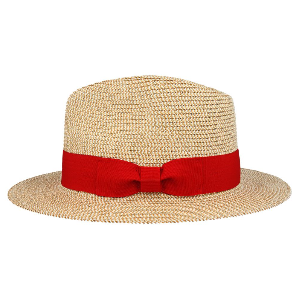 Straw Fedora Hat with Red Band - Beige