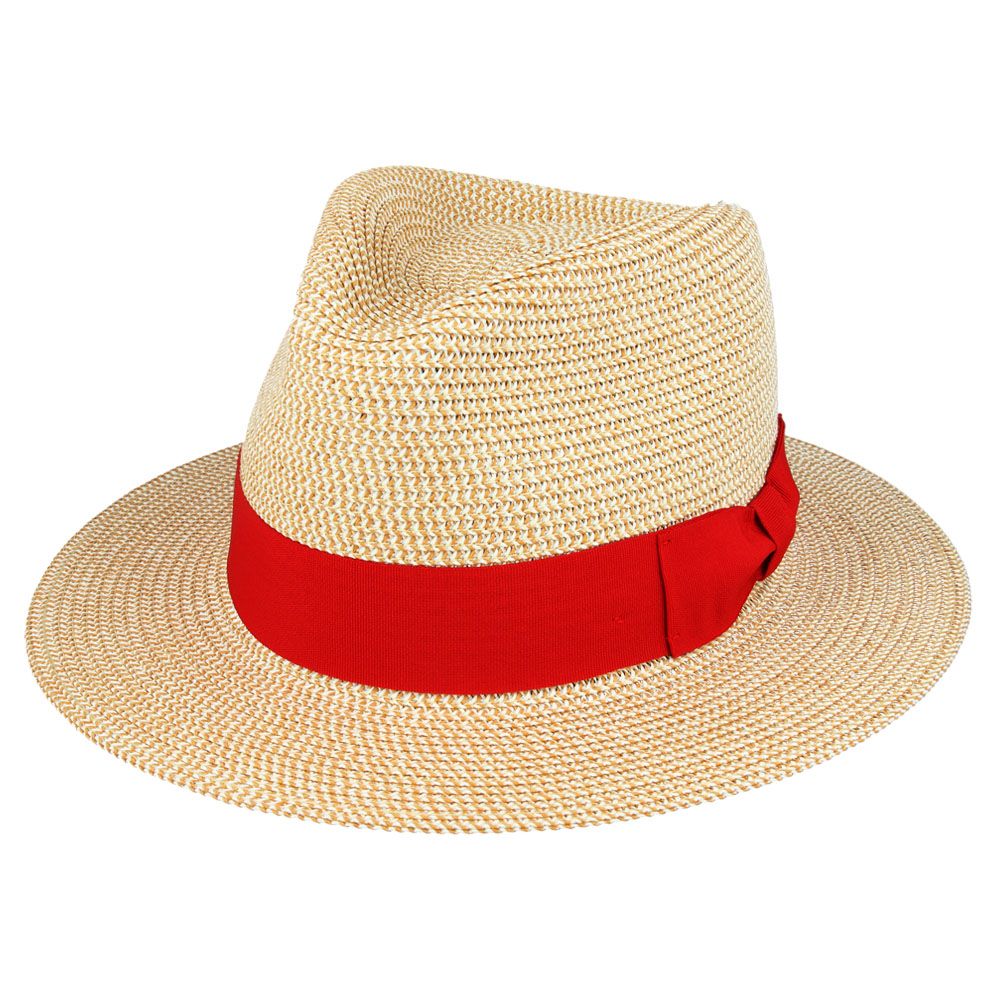 Straw Fedora Hat with Red Band - Beige