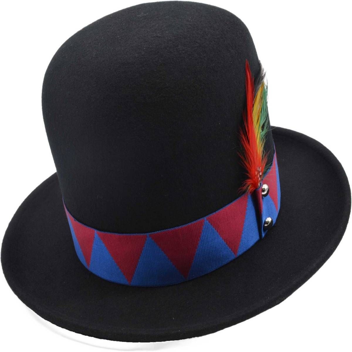 An oversized tall bowler hat with extra-high crown, crafted from 100% wool with satin lining. Features an adjustable Velcro strap for the perfect fit. This statement-making XXL bowler stands out with its extended height. Perfect for theatre, stage, or making a bold fashion statement