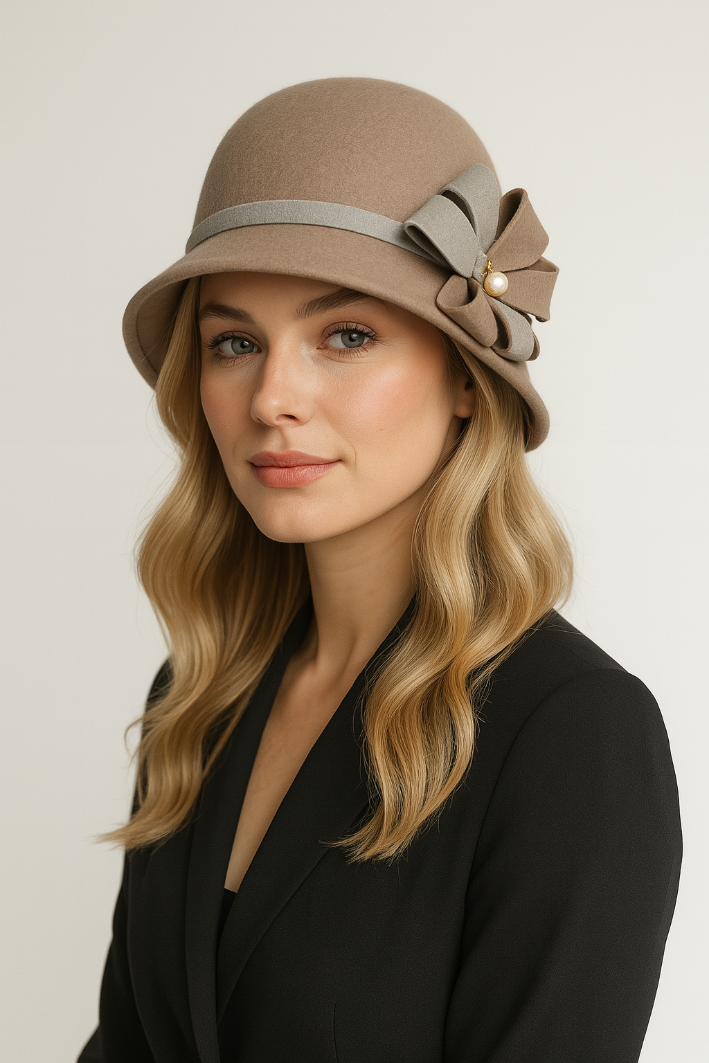 Novella hats model wearing Ladies Vintage Wool Cloche Hat with Flower Trim