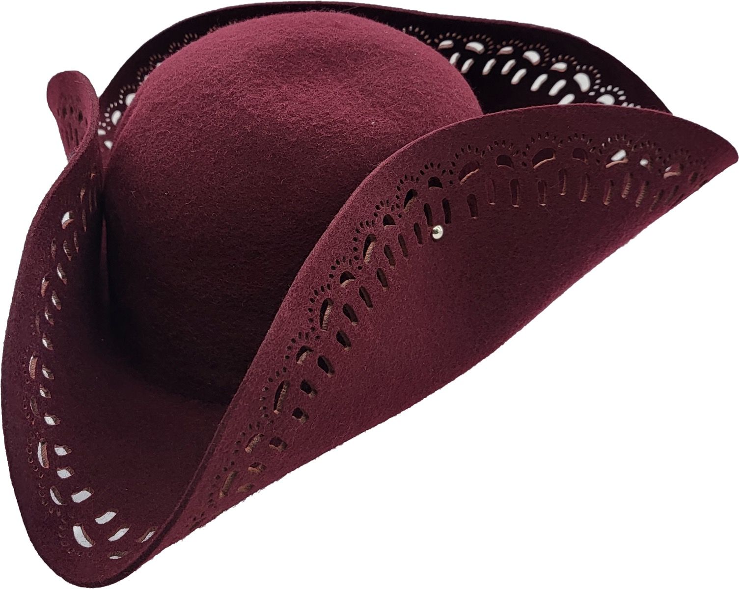 One-size Pirate Tricorn Hat for all. Ideal for Halloween, carnival, theatre. Black & Burgundy. Lightweight, comfortable. Perfect for pirate themes, photo shoots.